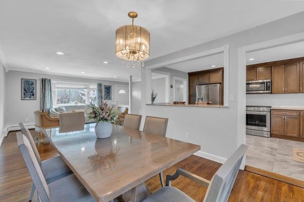 Chandelier, Dining room, Interior, Kitchen, Marble, Recessed Lighting, Stainless Steel Appliances, Wood Texture Flooring