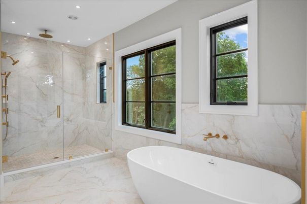 Bathroom, Free Standing Baths, Glass Shower, Interior, Marble, Marble Walls, Recessed Lighting