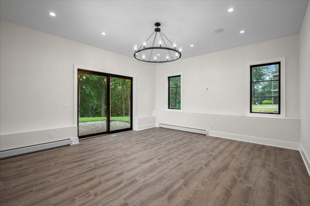 Chandelier, Empty room, Interior, Pendant Lights, Recessed Lighting, Wood Texture Flooring