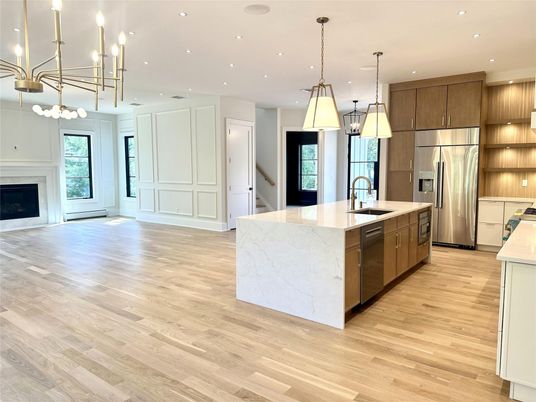 Fireplace, Interior, Kitchen, Pendant Lights, Recessed Lighting, Stainless Steel Appliances, Wood Texture Flooring