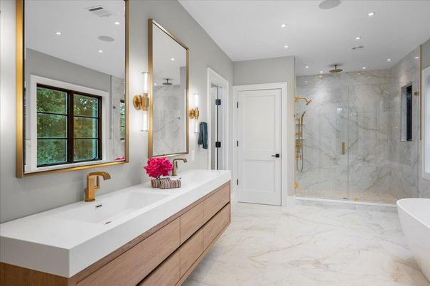 Bathroom, Dual Sink Vanities, Free Standing Baths, Glass Shower, Interior, Marble, Marble Walls, Recessed Lighting