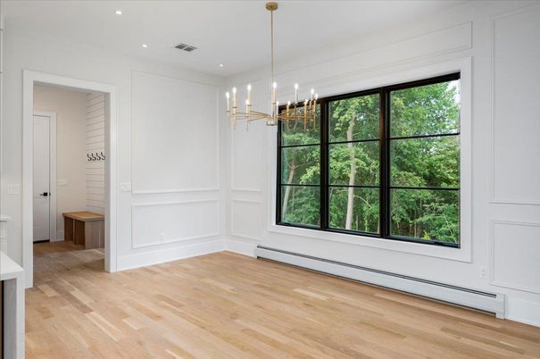 Empty room, Interior, Pendant Lights, Recessed Lighting, Wood Texture Flooring