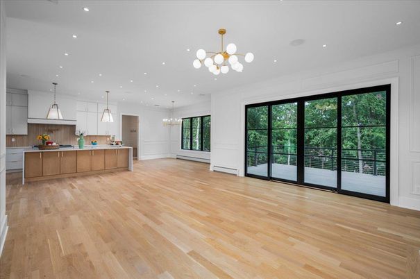 Empty room, Interior, Kitchen, Pendant Lights, Recessed Lighting, Wood Texture Flooring