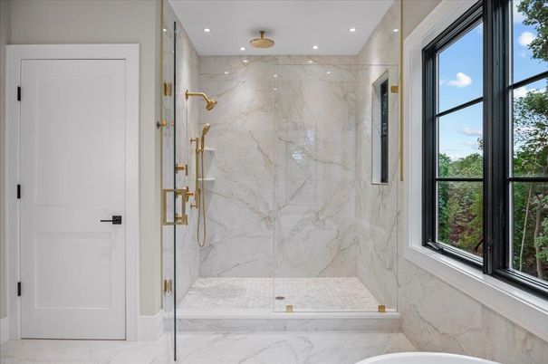 Bathroom, Glass Shower, Interior, Marble, Marble Walls, Recessed Lighting
