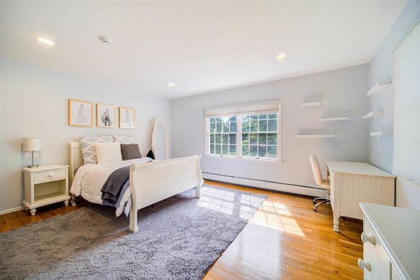 Bedroom, Interior, Recessed Lighting, Wood Texture Flooring
