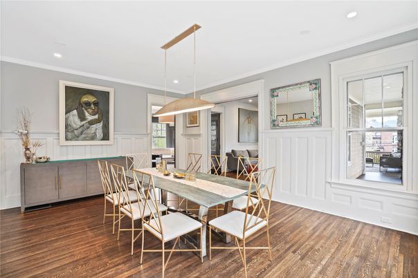 Dining room, Interior, Pendant Lights, Recessed Lighting, Wood Texture Flooring