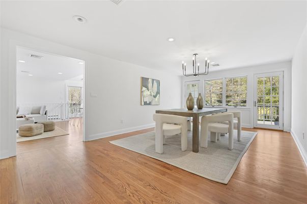 Chandelier, Dining room, Interior, Pendant Lights, Recessed Lighting, Wood Texture Flooring