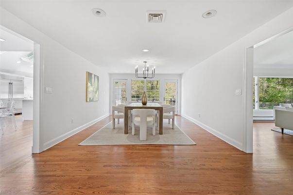 Dining room, Interior, Pendant Lights, Recessed Lighting, Wood Texture Flooring