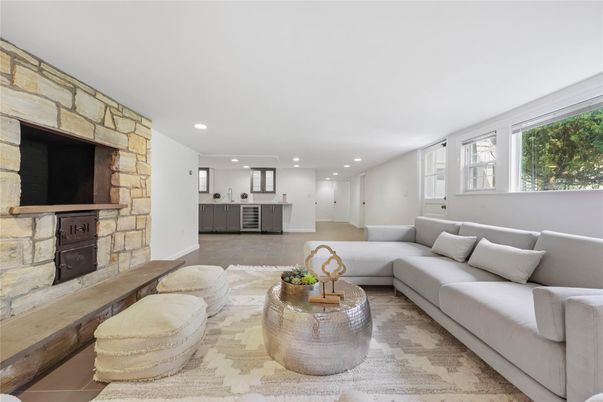 Fireplace, Interior, Kitchen, Living room, Recessed Lighting, Stone Walls