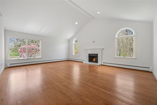 Empty room, Fireplace, Interior, Recessed Lighting, Wood Texture Flooring