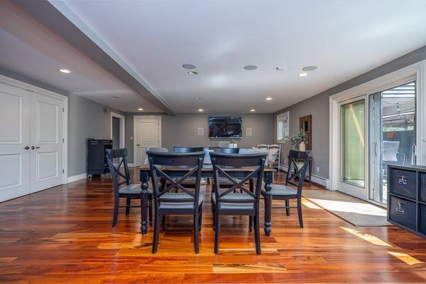 Dining room, Interior, Recessed Lighting, Wood Texture Flooring