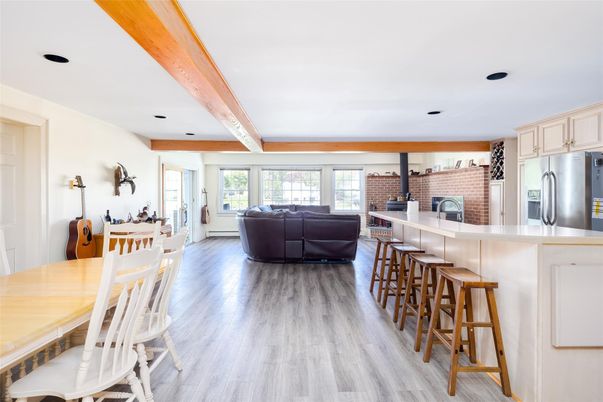 Dining room, Interior, Kitchen, Living room, Stainless Steel Appliances, Stone Walls, Wooden Beams, Wood Texture Flooring