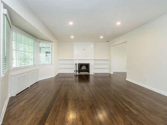 Empty room, Fireplace, Interior, Recessed Lighting, Wood Texture Flooring