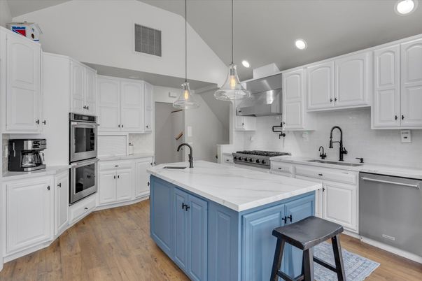 Interior, Kitchen, Pendant Lights, Recessed Lighting, Stainless Steel Appliances, Wood Texture Flooring