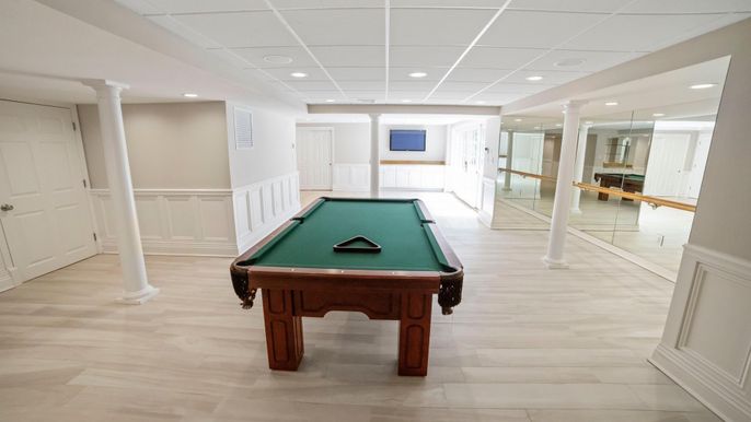 Billiard Table, Game Room, Interior, Recessed Lighting, Wood Texture Flooring