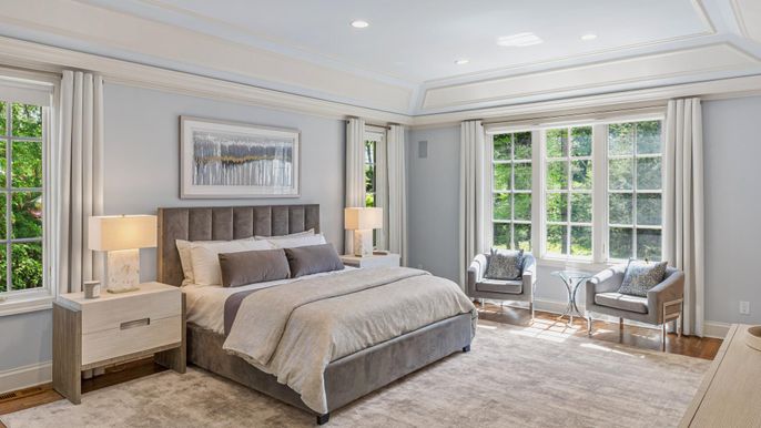 Bedroom, Interior, Recessed Lighting, Wood Texture Flooring
