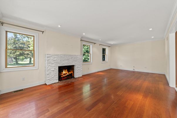 Empty room, Fireplace, Interior, Recessed Lighting, Wood Texture Flooring