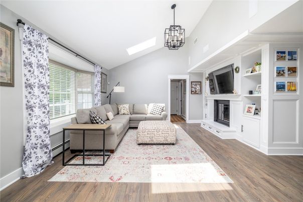 Fireplace, Interior, Living room, Pendant Lights, Wood Texture Flooring