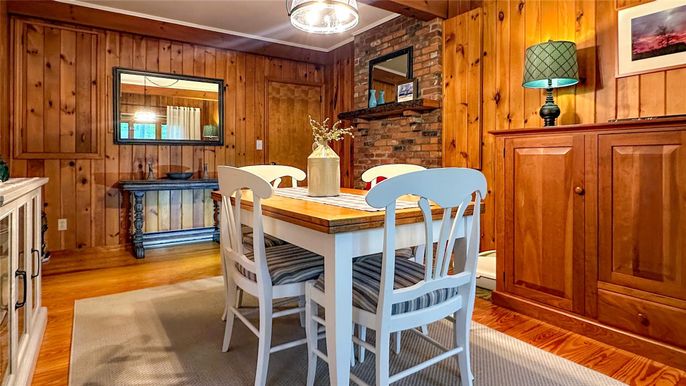 Dining room, Fireplace, Interior, Stone Walls, Wood Texture Flooring, Wooden Walls