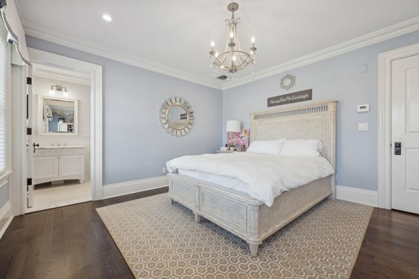 Bedroom, Chandelier, Interior, Recessed Lighting, Wood Texture Flooring