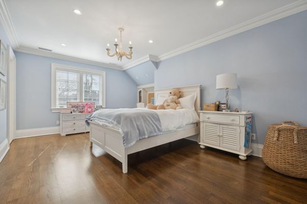 Bedroom, Chandelier, Interior, Recessed Lighting, Wood Texture Flooring