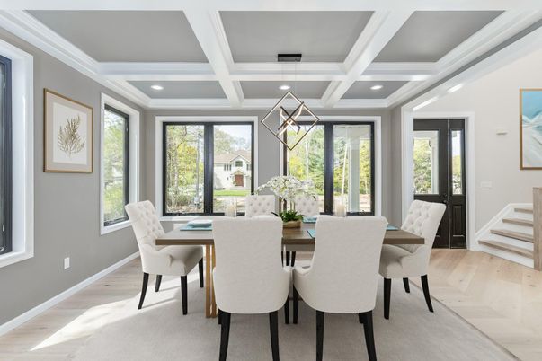 Dining room, Interior, Pendant Lights, Recessed Lighting, Wood Texture Flooring
