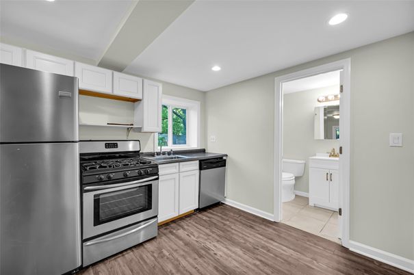 Interior, Kitchen, Recessed Lighting, Stainless Steel Appliances, Wood Texture Flooring