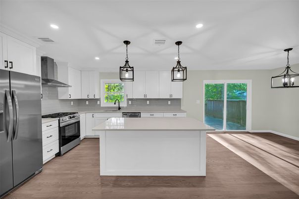 Interior, Kitchen, Pendant Lights, Recessed Lighting, Stainless Steel Appliances, Wood Texture Flooring