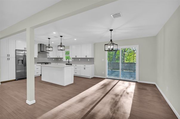 Interior, Kitchen, Pendant Lights, Recessed Lighting, Stainless Steel Appliances, Wood Texture Flooring
