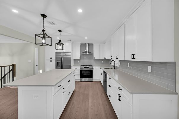 Interior, Kitchen, Pendant Lights, Recessed Lighting, Stainless Steel Appliances, Wood Texture Flooring