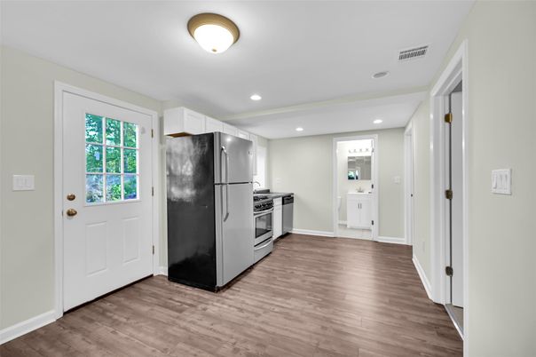 Interior, Kitchen, Recessed Lighting, Stainless Steel Appliances, Wood Texture Flooring