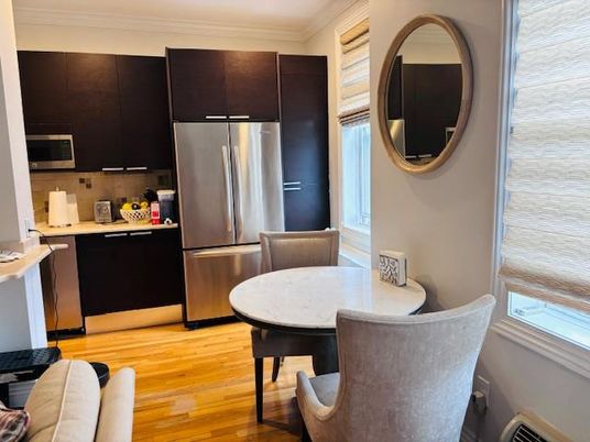 Dining room, Interior, Kitchen, Stainless Steel Appliances, Wood Texture Flooring