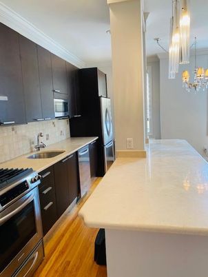 Chandelier, Interior, Kitchen, Pendant Lights, Stainless Steel Appliances, Wood Texture Flooring