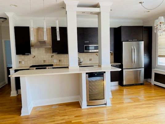 Interior, Kitchen, Pendant Lights, Stainless Steel Appliances, Wood Texture Flooring