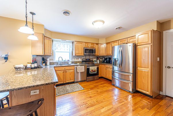 Interior, Kitchen, Pendant Lights, Stainless Steel Appliances, Wood Texture Flooring