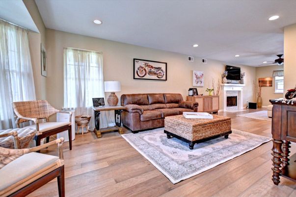Fireplace, Interior, Living room, Recessed Lighting, Wood Texture Flooring