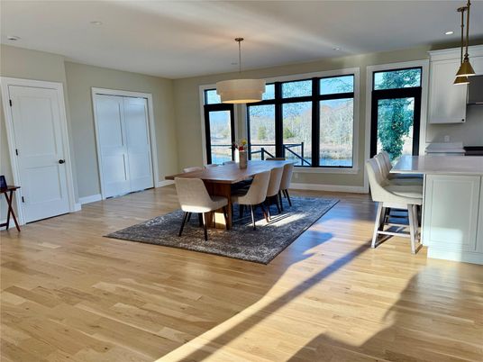 Dining room, Interior, Pendant Lights, Recessed Lighting, Wood Texture Flooring