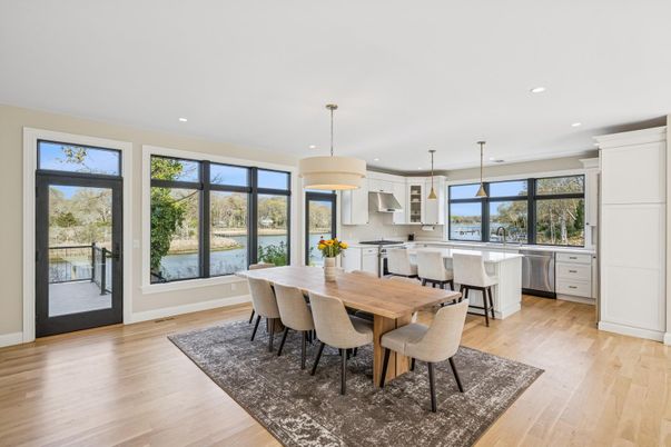 Dining room, Interior, Kitchen, Pendant Lights, Recessed Lighting, Wood Texture Flooring