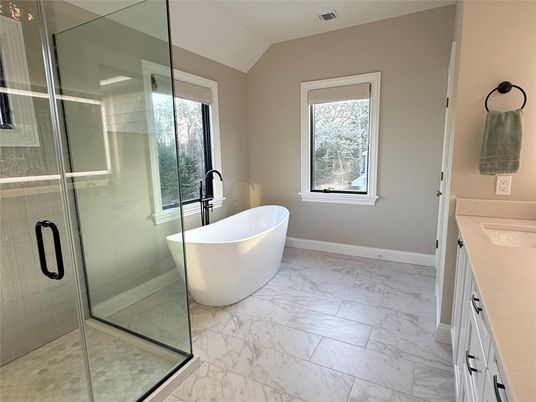 Bathroom, Dual Sink Vanities, Free Standing Baths, Glass Shower, Interior, Marble