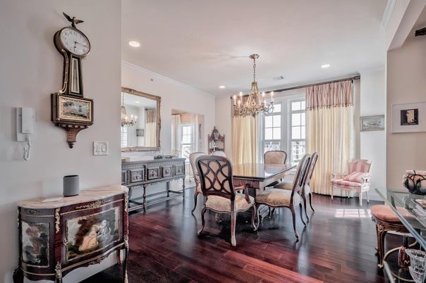 Chandelier, Dining room, Interior, Recessed Lighting, Wood Texture Flooring
