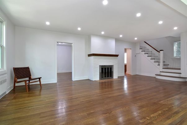 Empty room, Fireplace, Interior, Recessed Lighting, Wood Texture Flooring
