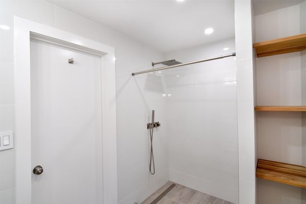 Bathroom, Glass Shower, Interior, Recessed Lighting, Wood Texture Flooring