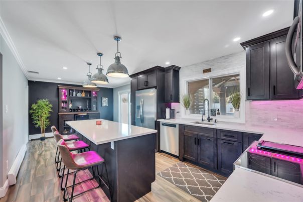 Interior, Kitchen, Pendant Lights, Recessed Lighting, Stainless Steel Appliances, Wood Texture Flooring