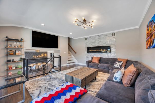 Fireplace, Interior, Living room, Recessed Lighting, Wood Texture Flooring