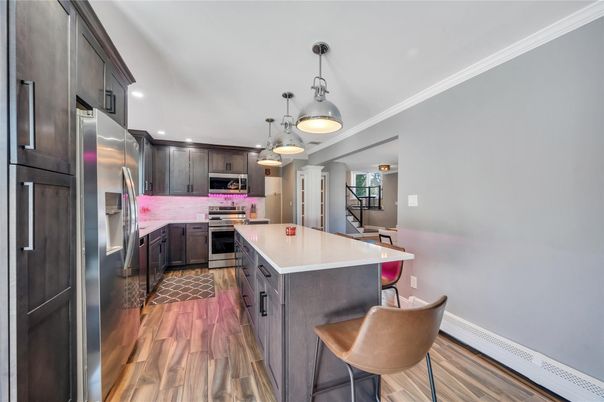 Interior, Kitchen, Pendant Lights, Recessed Lighting, Stainless Steel Appliances, Wood Texture Flooring