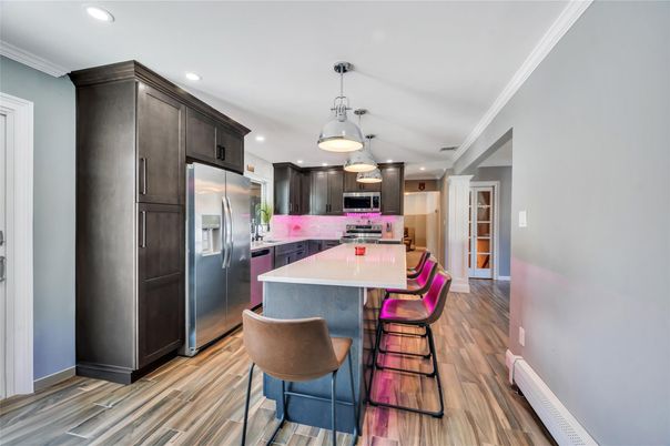 Interior, Kitchen, Pendant Lights, Recessed Lighting, Stainless Steel Appliances, Wood Texture Flooring