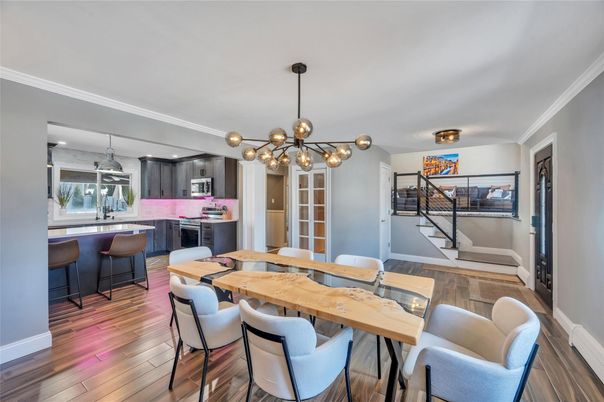 Dining room, Interior, Kitchen, Pendant Lights, Stainless Steel Appliances, Wood Texture Flooring