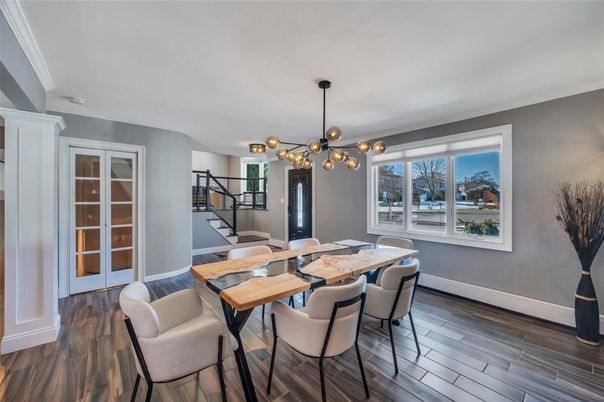 Dining room, Interior, Pendant Lights, Wood Texture Flooring
