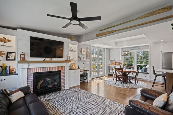 Chandelier, Dining room, Fireplace, Interior, Kitchen, Living room, Pendant Lights, Recessed Lighting, Wood Texture Flooring