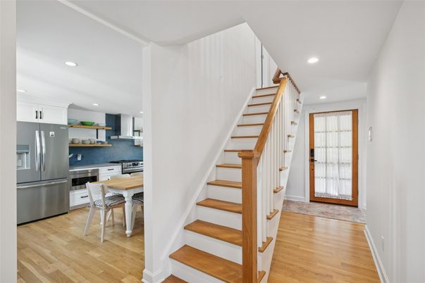 Dining room, Interior, Kitchen, Recessed Lighting, Stainless Steel Appliances, Wood Texture Flooring